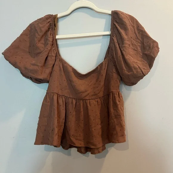 Altar'd State Brown Peplum Puff Sleeve Top - Picture 1 of 5